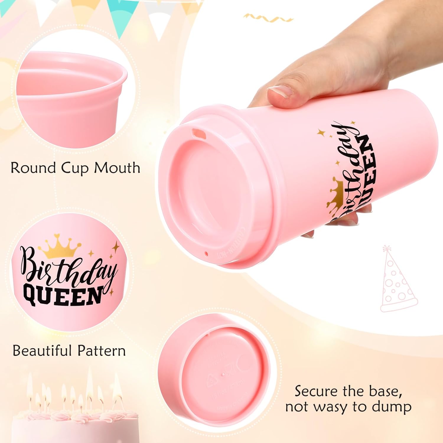 Nuenen 12 Pcs Reusable Birthday Queen and Squad Coffee Cups with Lid 16 oz Plastic Tumblers Bulk for 20th 30th 40th 50th Birthday Christmas Anniversary Party Supplies for Women Adults (Pink,Black) - Image 3
