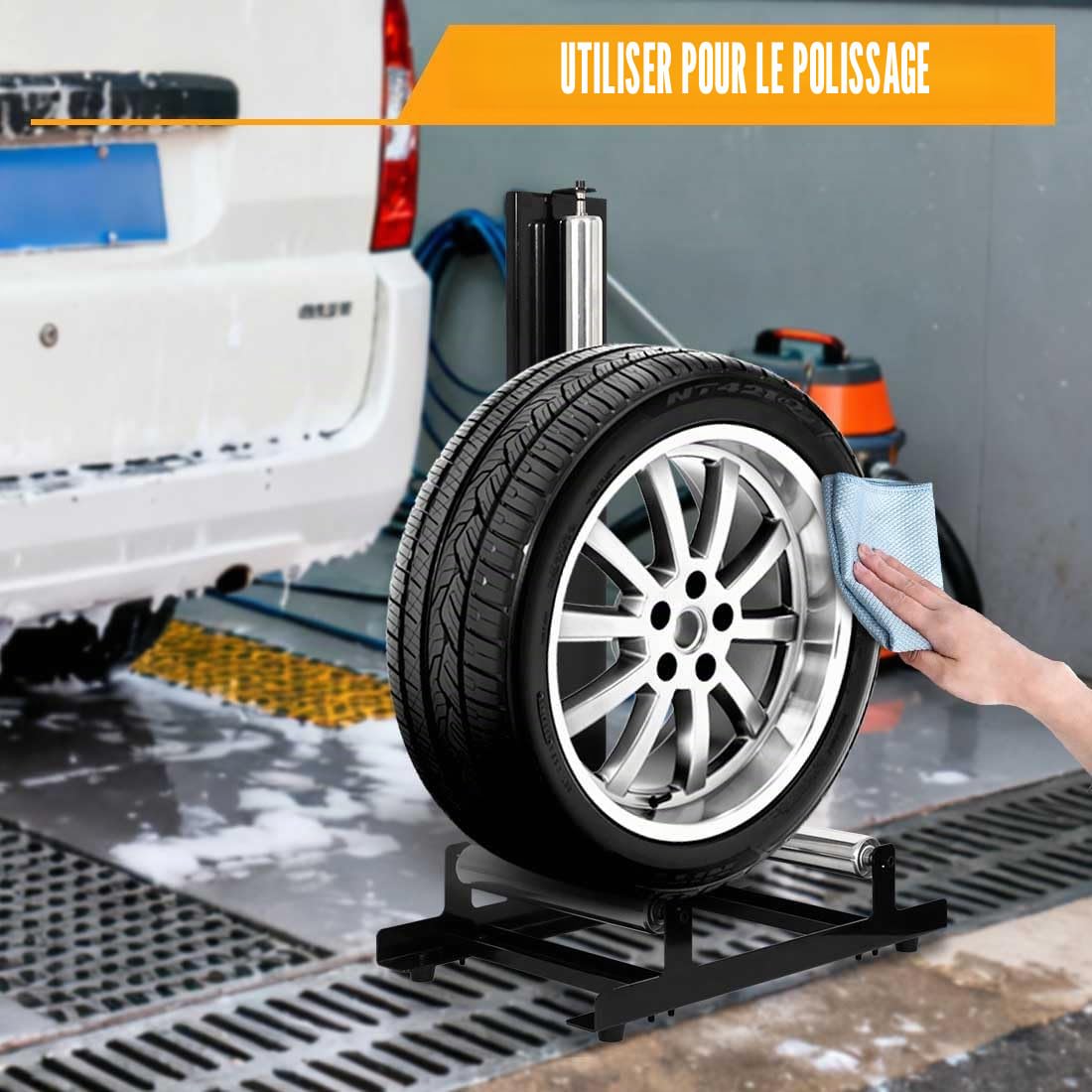 Étagère de nettoyage pour pneus de voiture - Accessoire de garage pour le nettoyage et le polissage des pneus - Charge maximale : 50 kg - 58 x 36,5 x 89 cm - Argenté