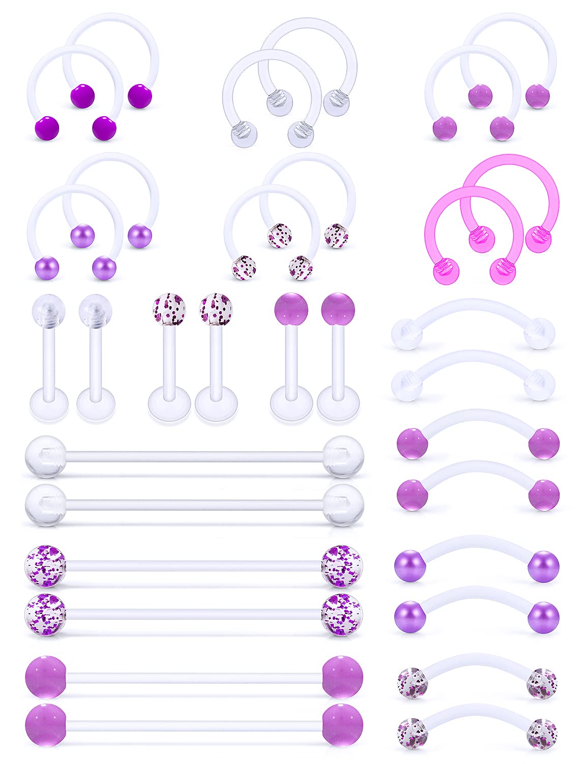 Clear/Pink/Purple Lip Septum Rings Eyebrow Industrial Smiley Piercing Jewelry Plastic Cartilage Helix Tragus Daith Earrings Vertical Labret Medusa Retainers Kits for Surgery Work Sports