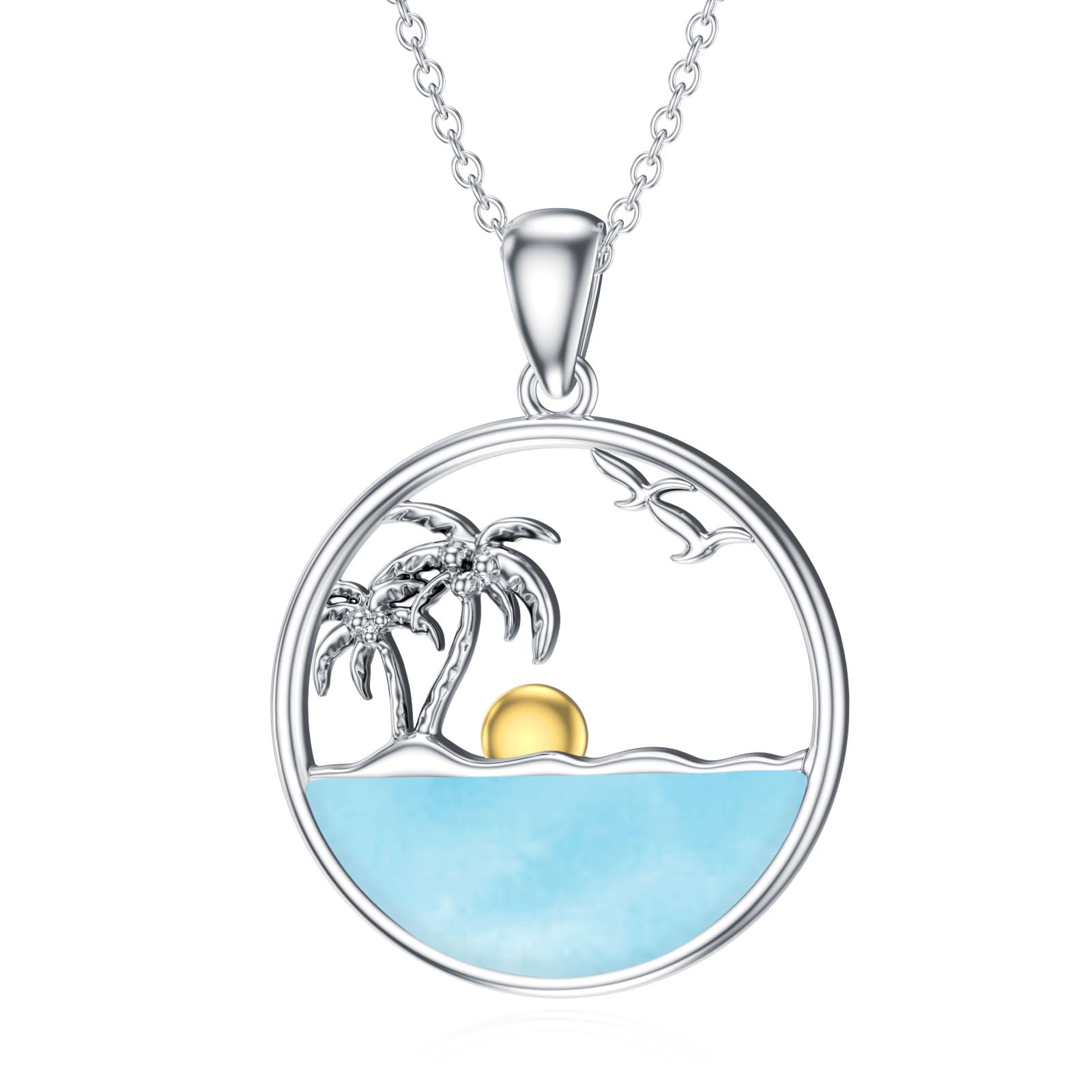 Palmen-Halskette für Frauen 925 Sterling Silber Ozeanwellen Anhänger, Halsketten mit natürlichem Larimar-Edelstein Schmuck Geschenk für Mama Frau