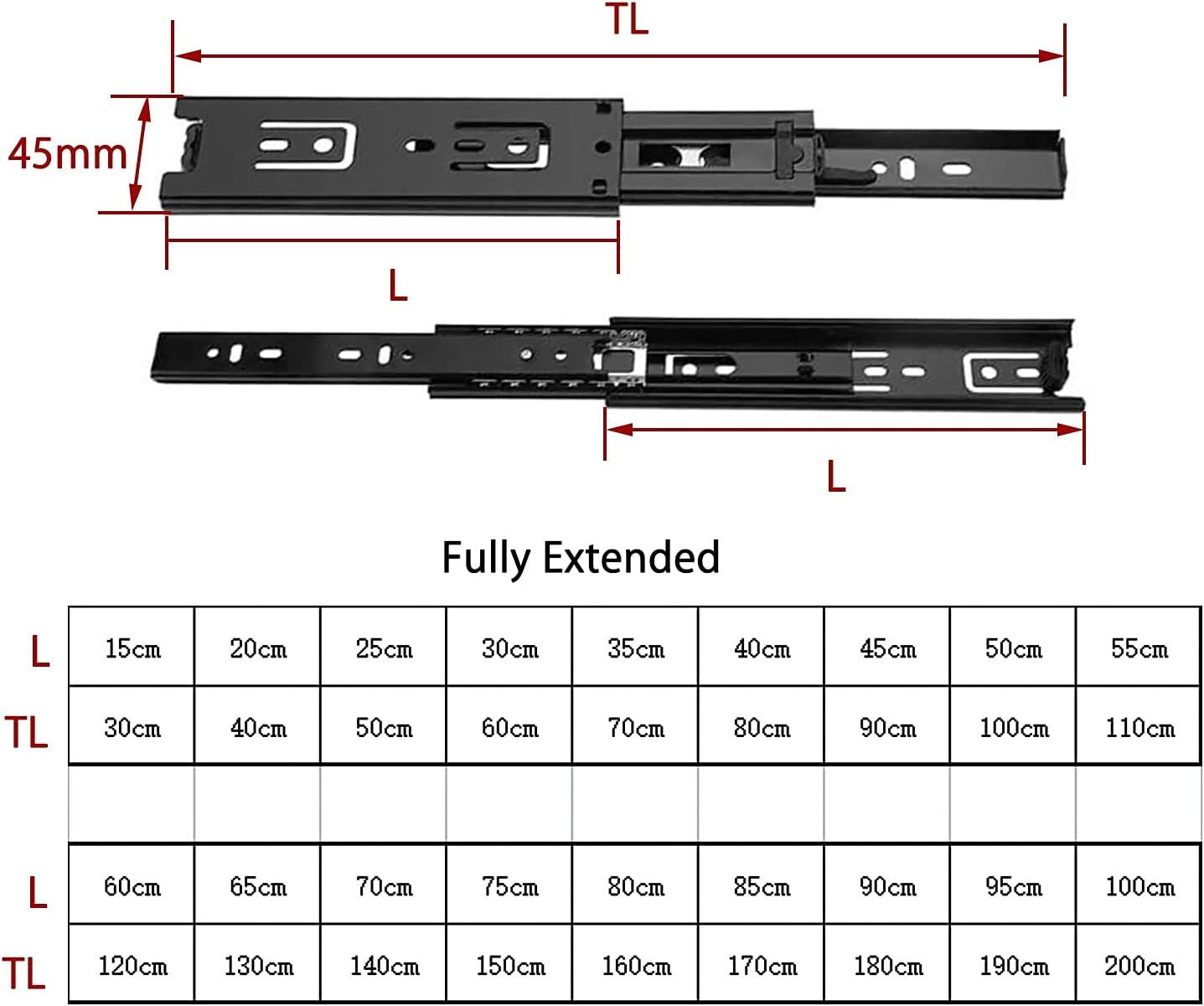 Heavy Duty 20" Full Extension Drawer Slides, 50kg Load Capacity, Side Mount Ball Bearing Runners for Cabinets, Smooth Operation, Durable Black Finish