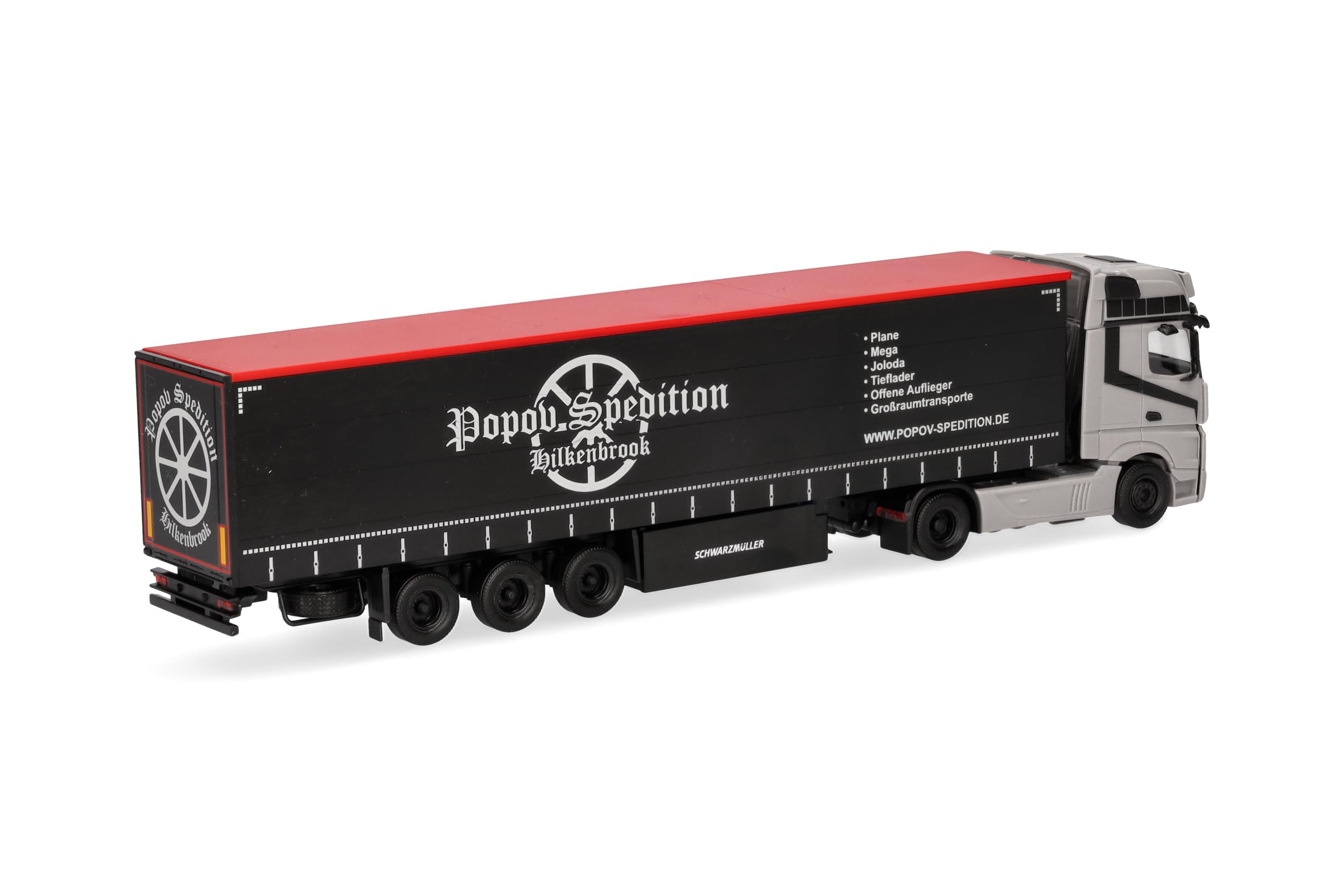 herpa Mercedes-Benz Actros L Gigaspace z plandeką Popov Spedition model 1:87, kolekcjonerska ciężarówka, Made in Germany, tworzywo sztuczne