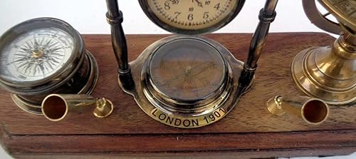 Miniatura 4 de Antique Brass Table Top Clock With Pen Holder Compass Armillary Sphere Globe Clock Desk Top Wooden Base Father’s Day Gift, Mother’s Day Gift
