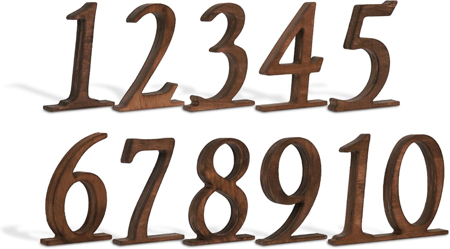 Wooden Wedding Table Numbers 1-10, Rustic Table Number Signs for Reception, Party, Banquet, Event Centerpieces, Self-Standing Wood Numbers with Base, Elegant Décor for Restaurant or Bridal Shower