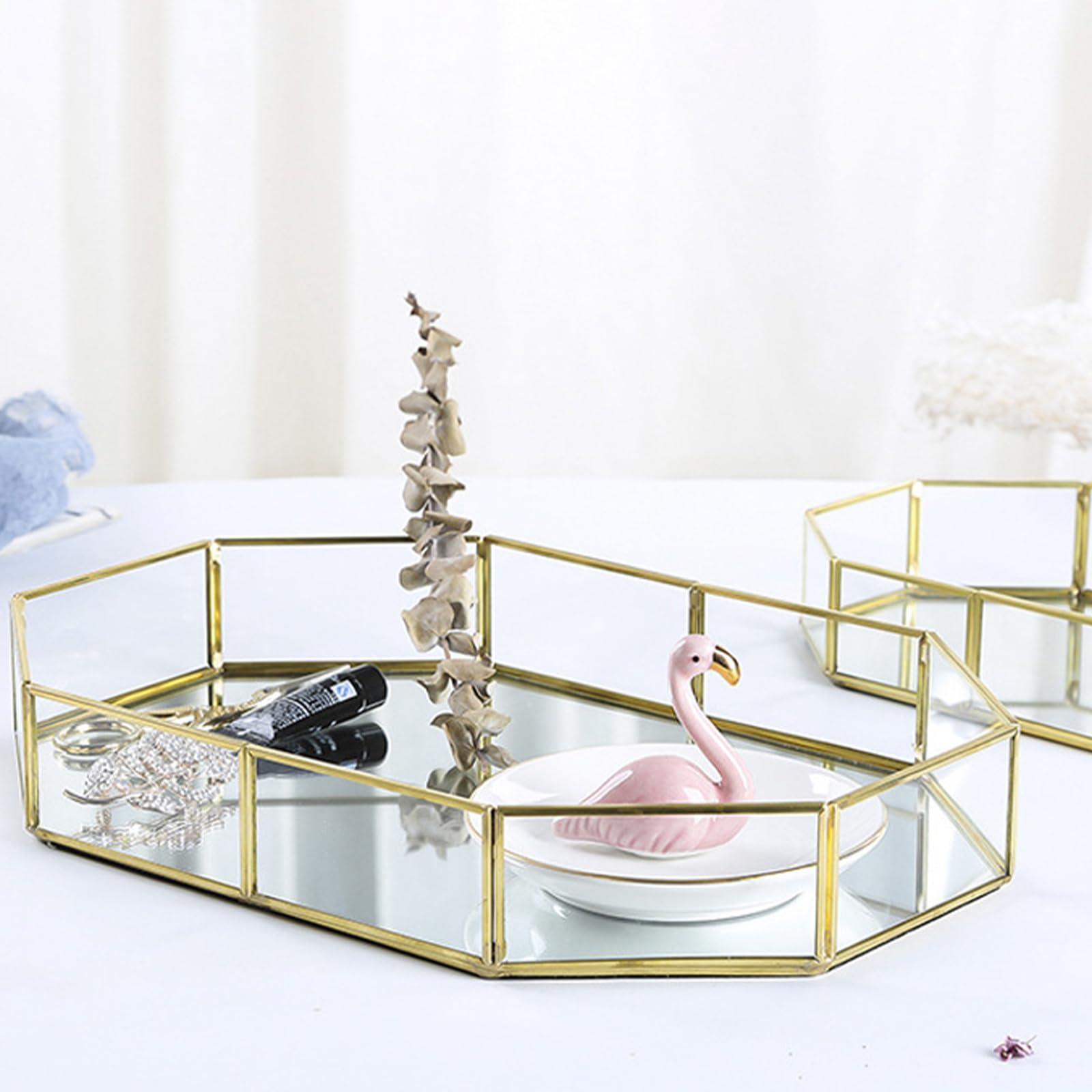 Bandeja de cristal dorado con espejo, bandeja decorativa de polígono, organizador de perfume, bandeja de maquillaje para tocador, mesa, decoración del hogar, 31,5 cm