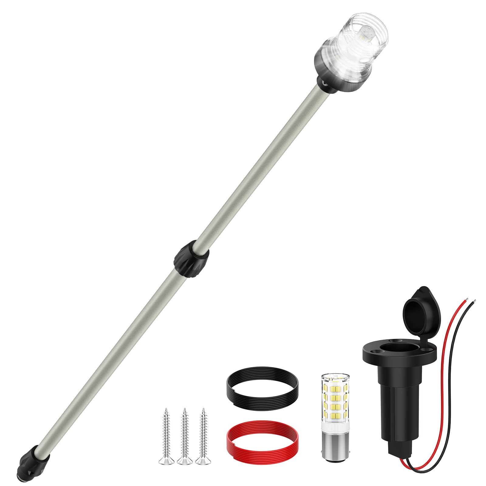Photo 1 of AMBIPASION Stern Light Boat Anchor Light, 26"–48" Telescoping Pole Boat Lights with Base, Marine Navigation Lights for Boats LED, for Pontoon, Fishing, Bass & Jon Boats, 12–24V (Silver)