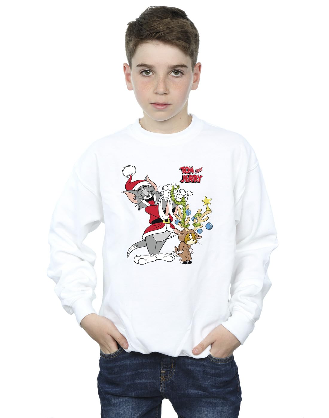 Absolute Cult Tom & Jerry Boys Christmas Reindeer Sweatshirt White 9-11 Years