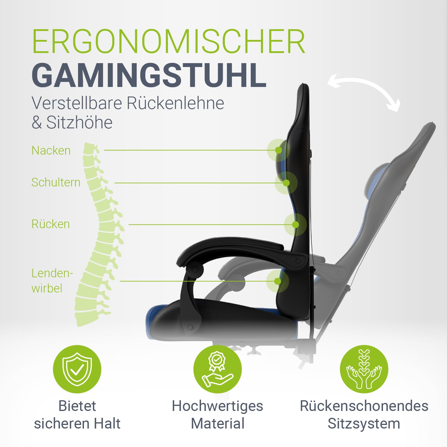 Juskys® Gamingstuhl HyperSeat — Höhenverstellbar, verstellbare Rückenlehne & gepolsterte Armlehnen, Kunstleder, ergonomisch & belastbar — Schwarz/blau