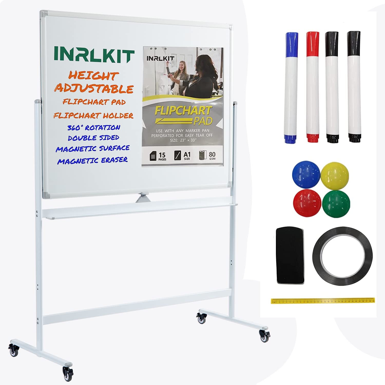 INRLKIT 48X36 Magnetic Whiteboard with 360 Degree Rolling Wheels, Height Adjustable Portable White Board with Flipchart Easel-Style Dry Erase Boards for Home, Office, Classroom, Presentation(White)