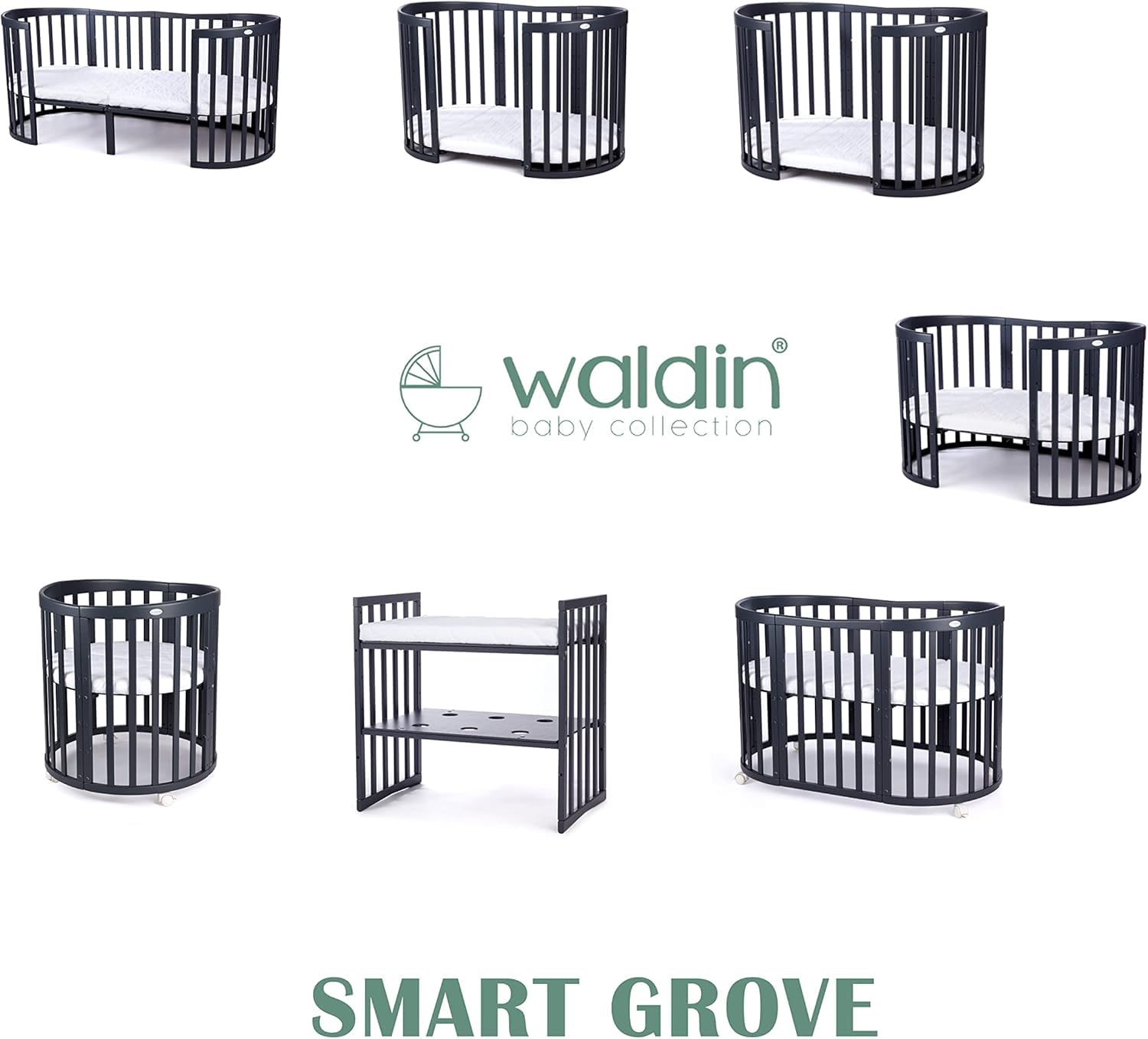 waldin Babybett Oval 7in1, Matratze, Rollen, Regal, Graphit | Ohne Stoffset, Mitwachsend, Beistellbett aus Holz, Wiege optional