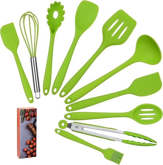 COVVY Home Silicone Kitchen Utensils Set(10 Piece) Heat Resistant Baking & Cooking Utensils Non Stick - Non Scratch Cooking Utensils Kitchen Good Helper (Green)