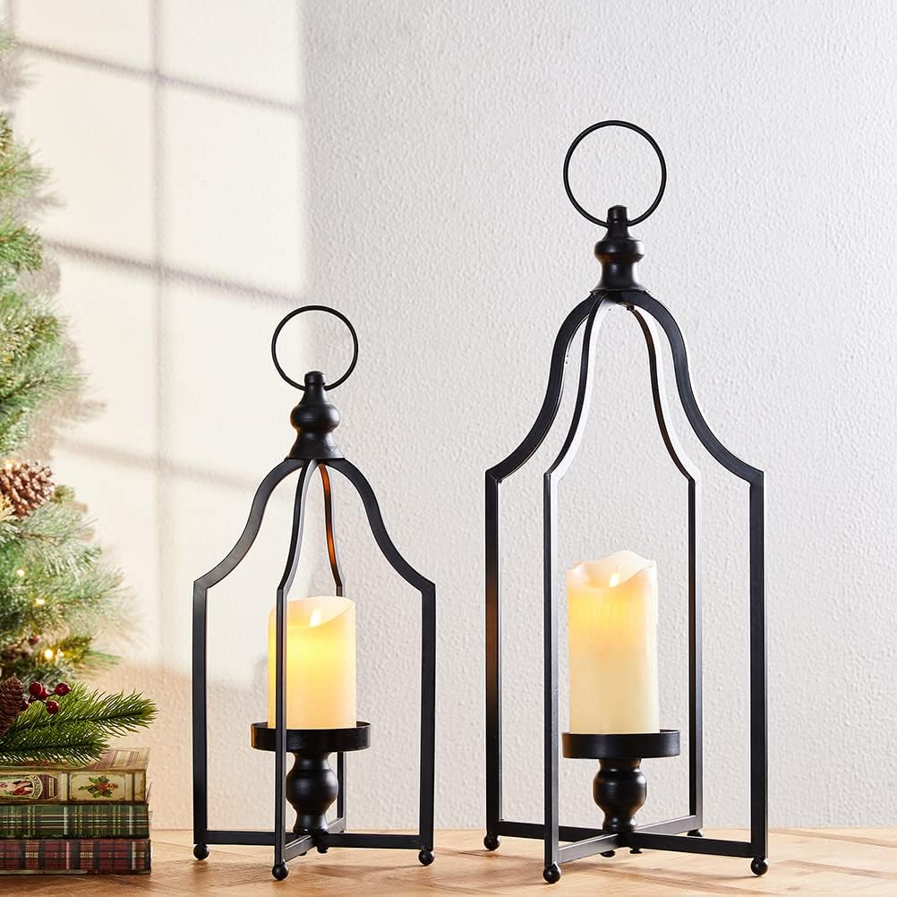 glitzhome 16.5" H Modern Farmhouse Black Metal Lantern Decorative Hanging Candle Lanterns (Small) : Home & Kitchen