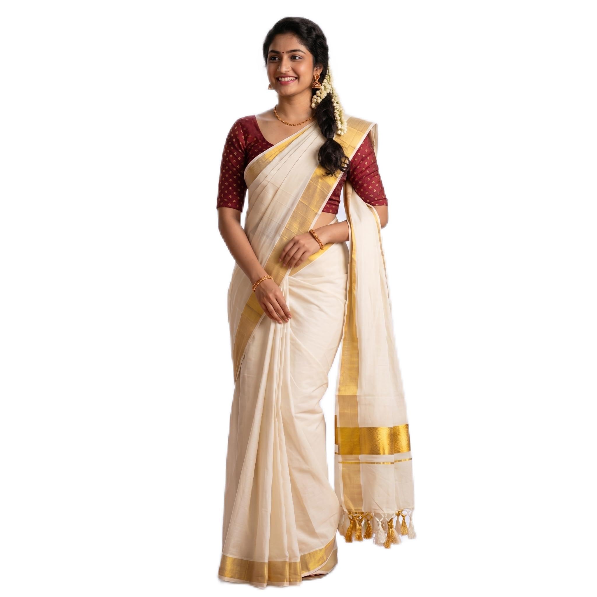 Women's Kerala Kasavu Saree with Contrast Silk Cotton Blouse 1 Metre and Running Blouse, Off White Cotton, Golden Zari Border, Handmade Tassels, 6.25 Metres, Traditional Onam Wear-image-15