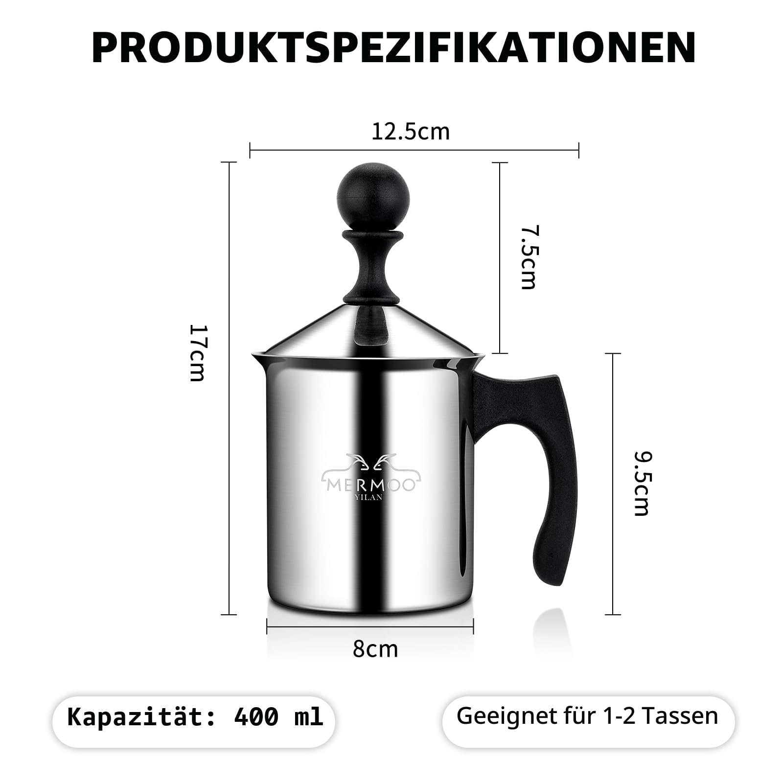 MERMOO YILAN Milchaufschäumer 304 Edelstahl Milchschäumer Doppelsieb, Kalt/Hot Schaum für Lattte, Cappuccino, leicht zu reinigen, perfekt für Reise Camping Büro (Silber)