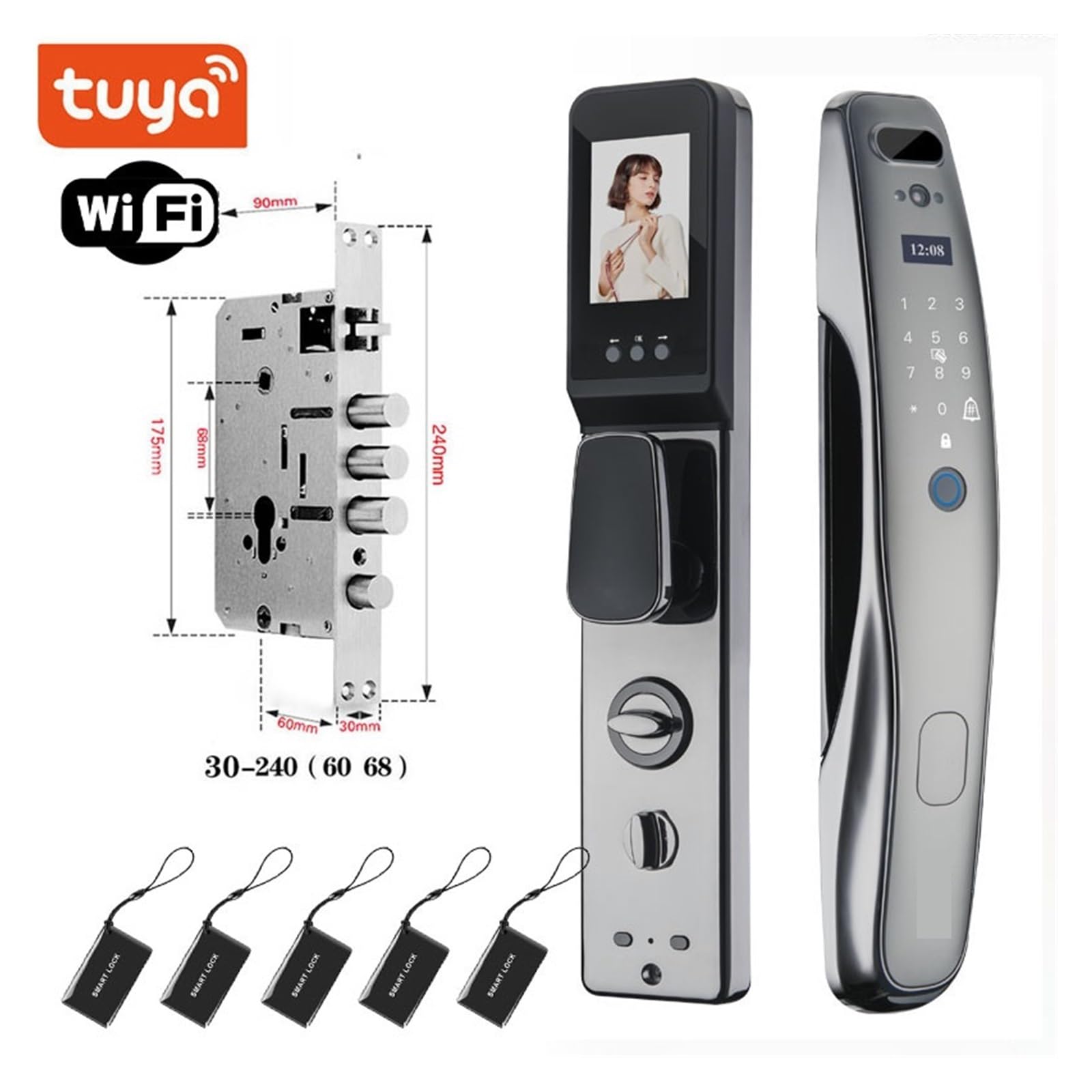 Tuya Wifi Elektroniczny Zamek Do Twarzy Biometria Blokada Z Użyciem Linii Papilarnych Inteligentny Zamek Do Drzwi Hasło 3D Kamera Do Rozpoznawania Twarzy Zamek Elektroniczny(30x240wthout 3D)