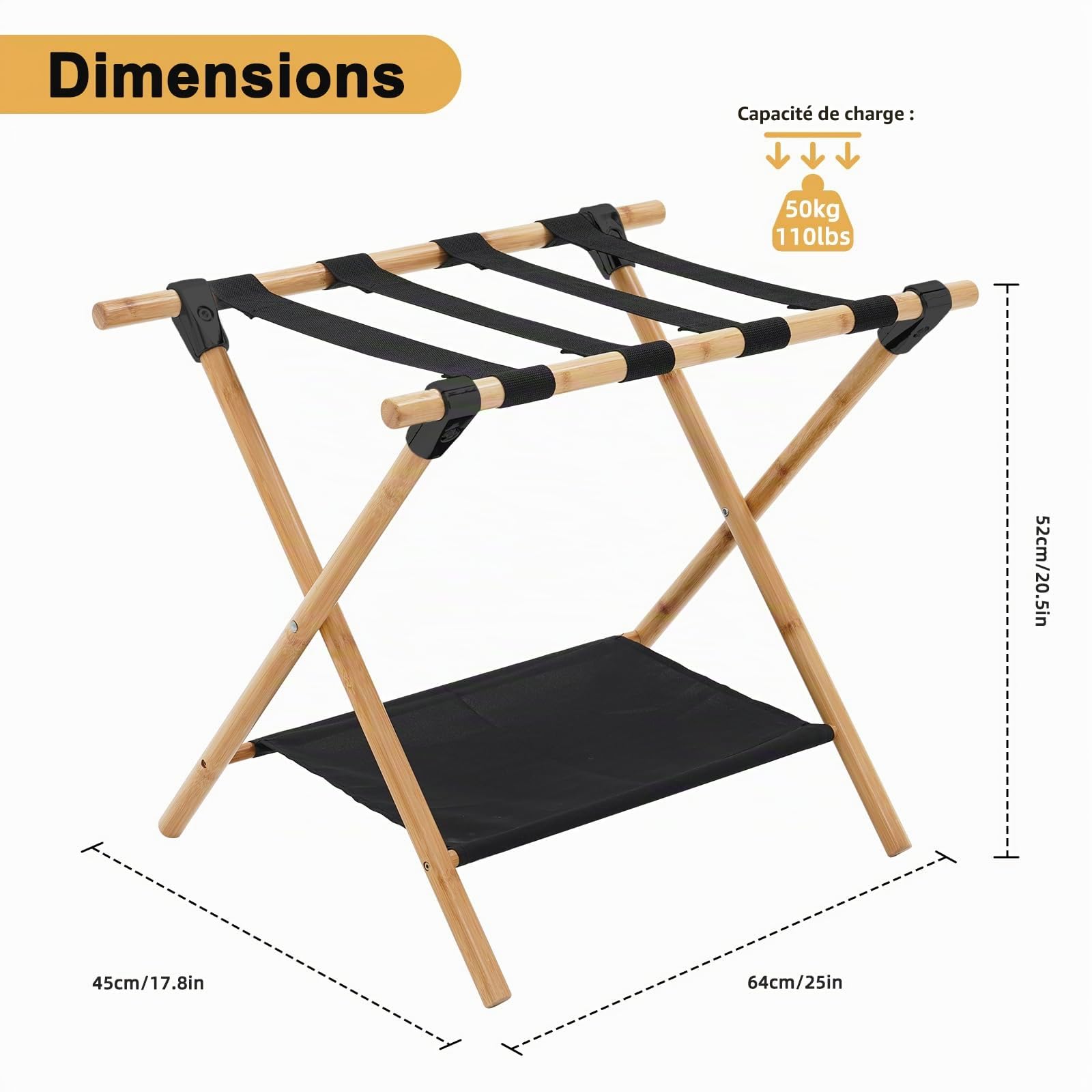 Grand Porte Bagages Pliable, Lot de 2 porte-bagages double couche avec 4 sangles, tabouret de valise pour hôtel et maison, 64 x 45 x 52 cm