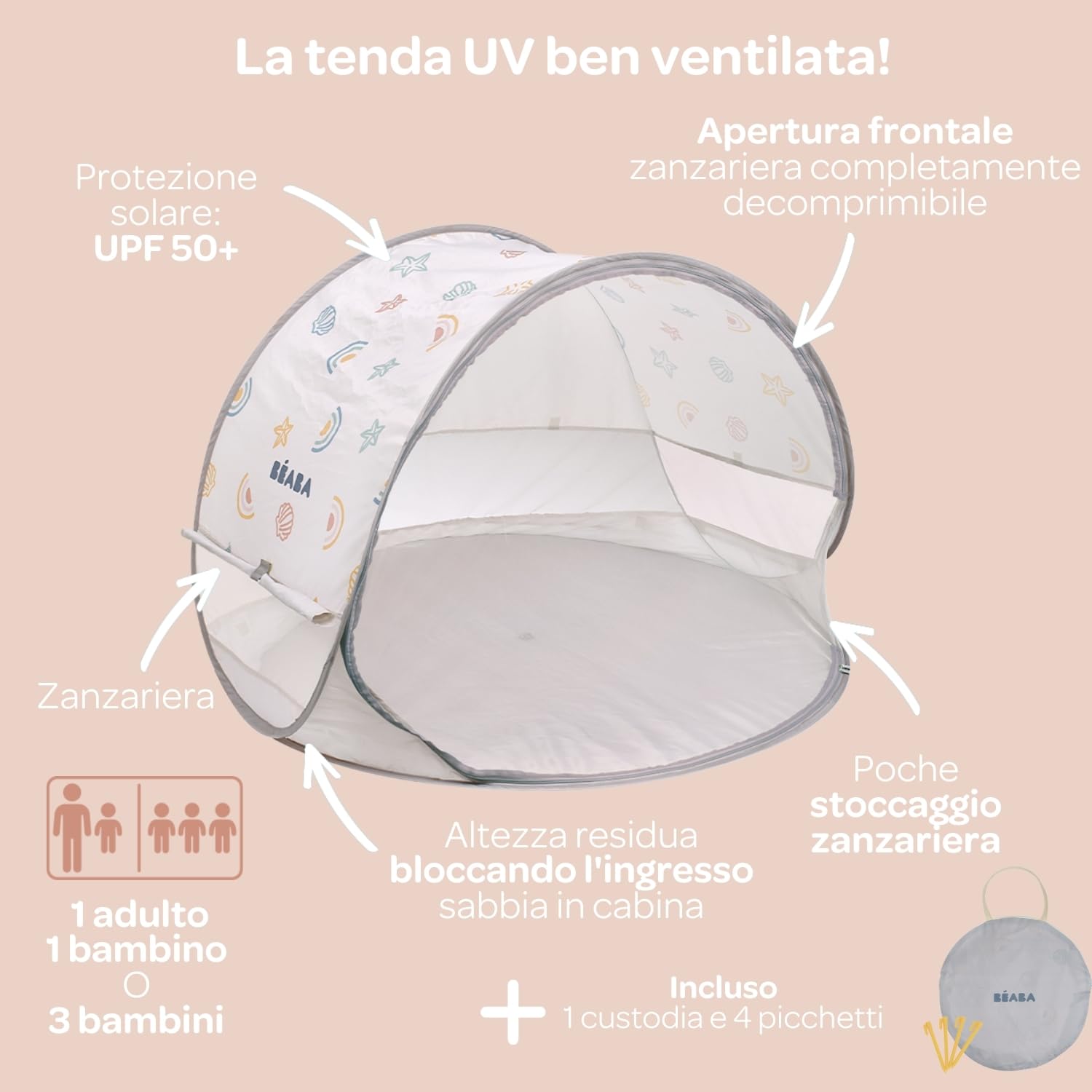 BÉABA, Tenda Da Spiaggia Per Bambini, Tenda Anti UV UPF50+, Filtraggio Raggi UV, Ventilazione 360°, Zanzariera, Spaziosa, Sistema Pop-Up, Borsa Da Trasporto, Breezy, Clay Earth