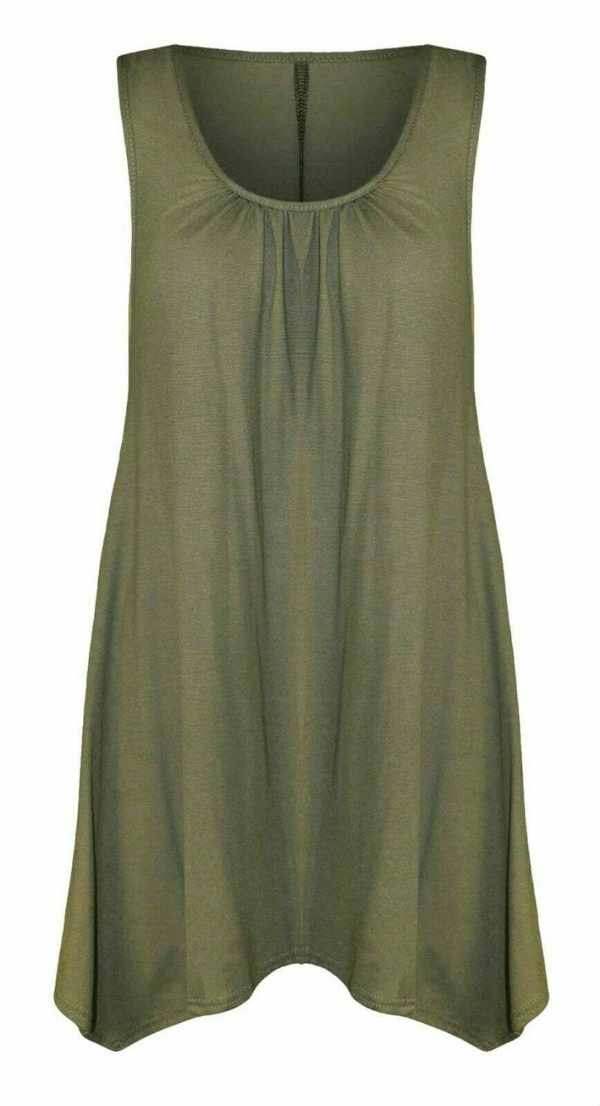 Real Life Fashion Ltd Women's Khaki Sleeveless Hanky Hem Top Plain Gathered Top Scoop Neck Tunic Shirt Flared Vest Top