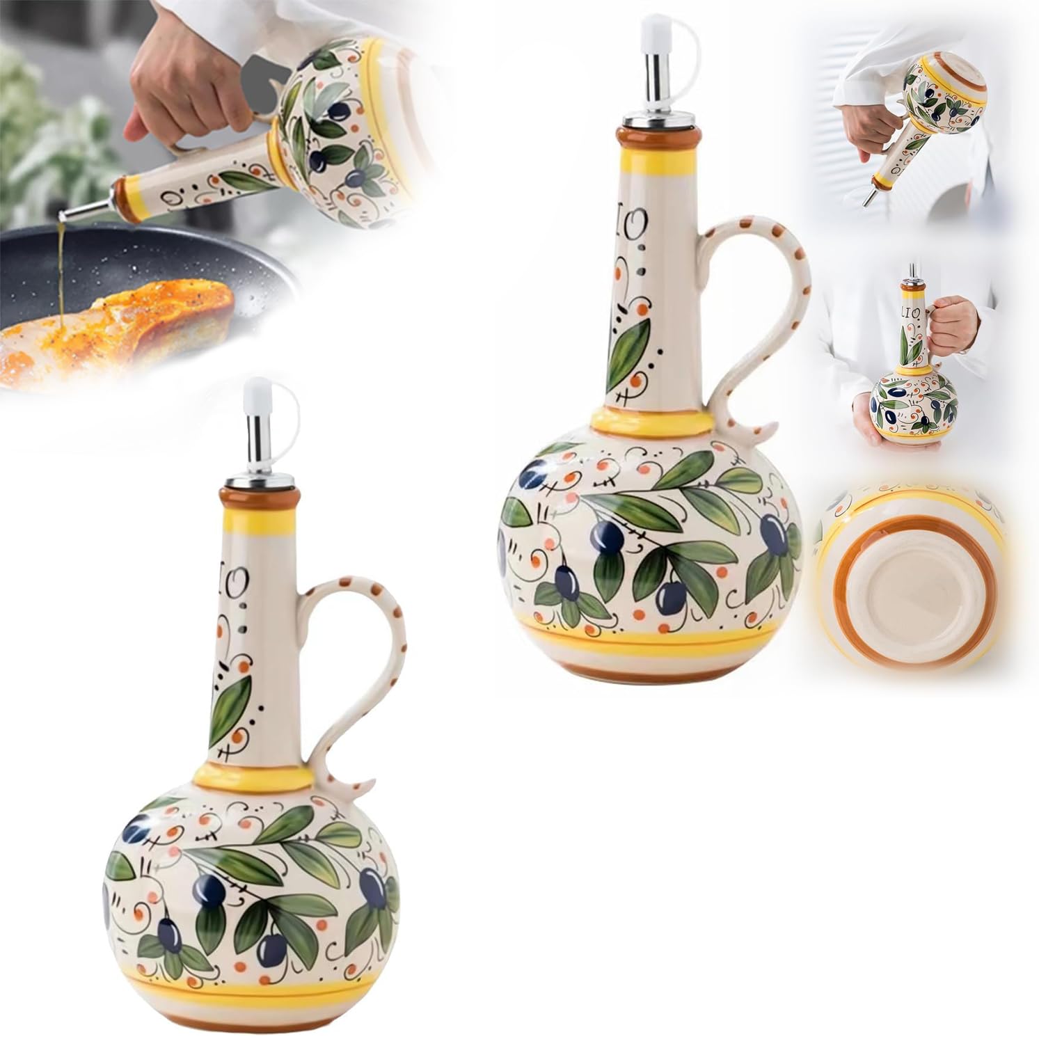 Olivenöl-Menage, handbemaltes Steinzeug mit Edelstahlauslauf für Öle, Essig, Sirup, Saucen, 425 ml Fassungsvermögen