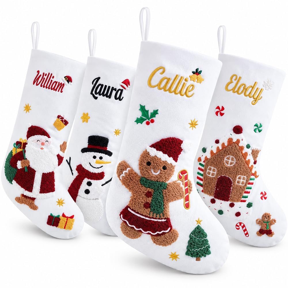 Infiher Personalised Christmas Stockings with Embroidered Name,White Canvas Stockings with Chenille Embroidered Santa Claus,Snowman or Gingerbread Man Pattern for Family & Holiday Decor(5 Pack)