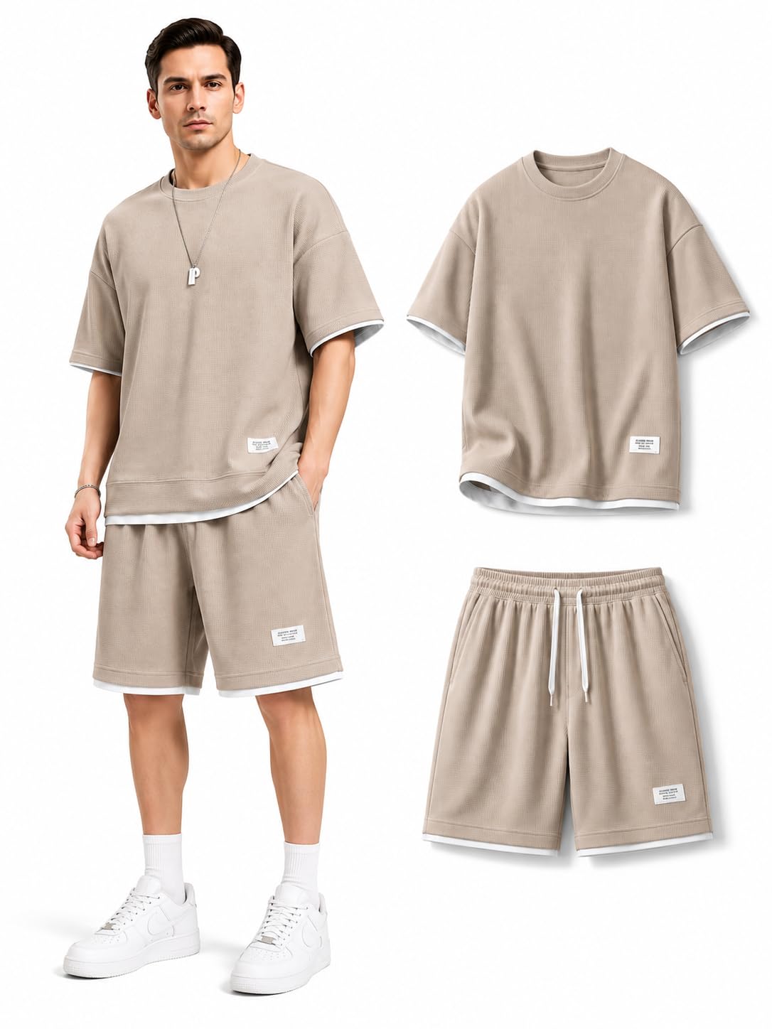 Men's Oversized T-Shirt and Shorts Co-ord Set | Waffle Texture, Drawstring Shorts, Casual Streetwear, Crew Neck Tee, Contrast White Trim-image-33