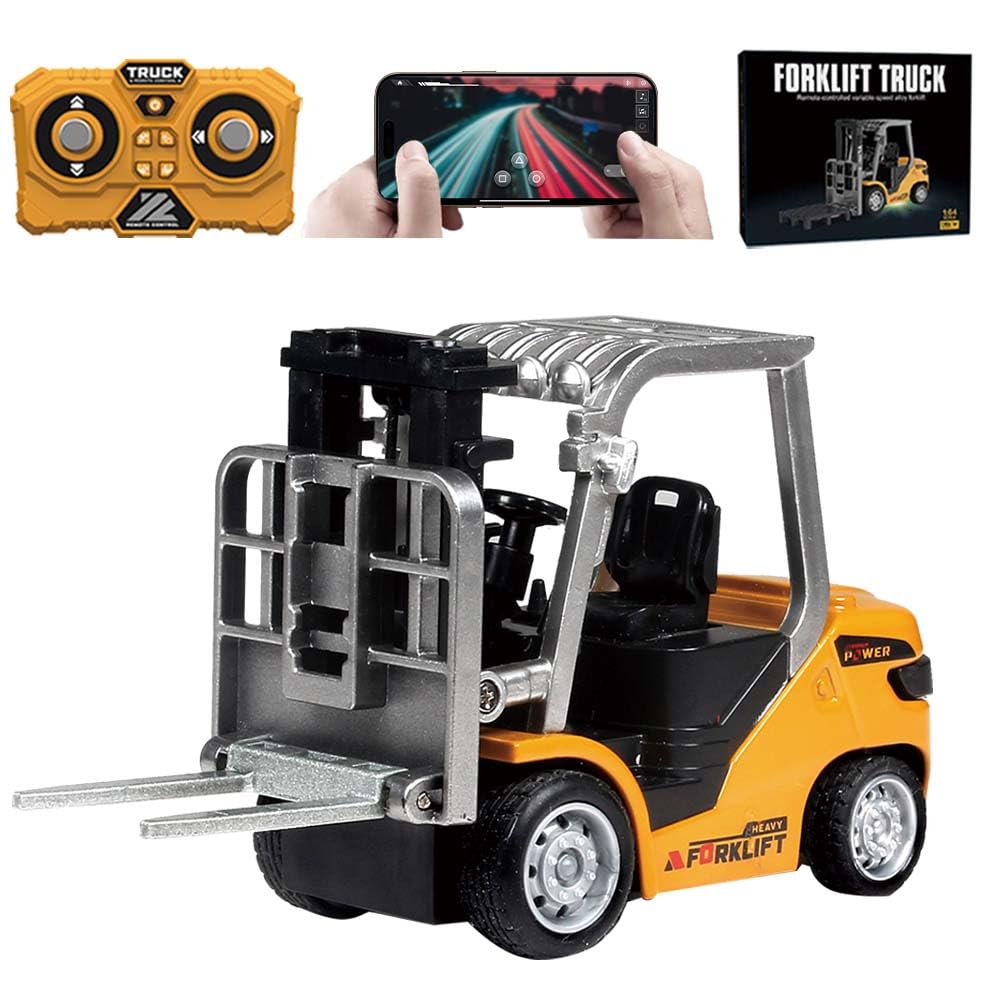 Juguete de excavadora teledirigido 1:64, luz de 2,4 GHz y efectos de sonido para niños, mini carretilla elevadora con horquillas de carga, paleta, vehículos de construcción de aleación