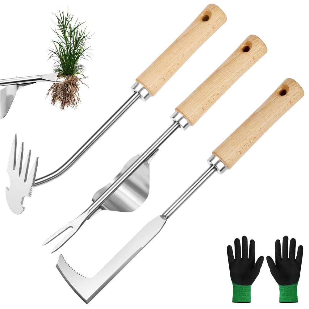 4 Stück Unkraut Entferner Gerät Edelstahl, Gartenarbeit Hand Unkrautstecher, Unkrautstecher mit Gezackter Kante, Unkrautjäter, Unkrautmesser mit Ergonomischer Griff, Entwurzelungswerkzeug