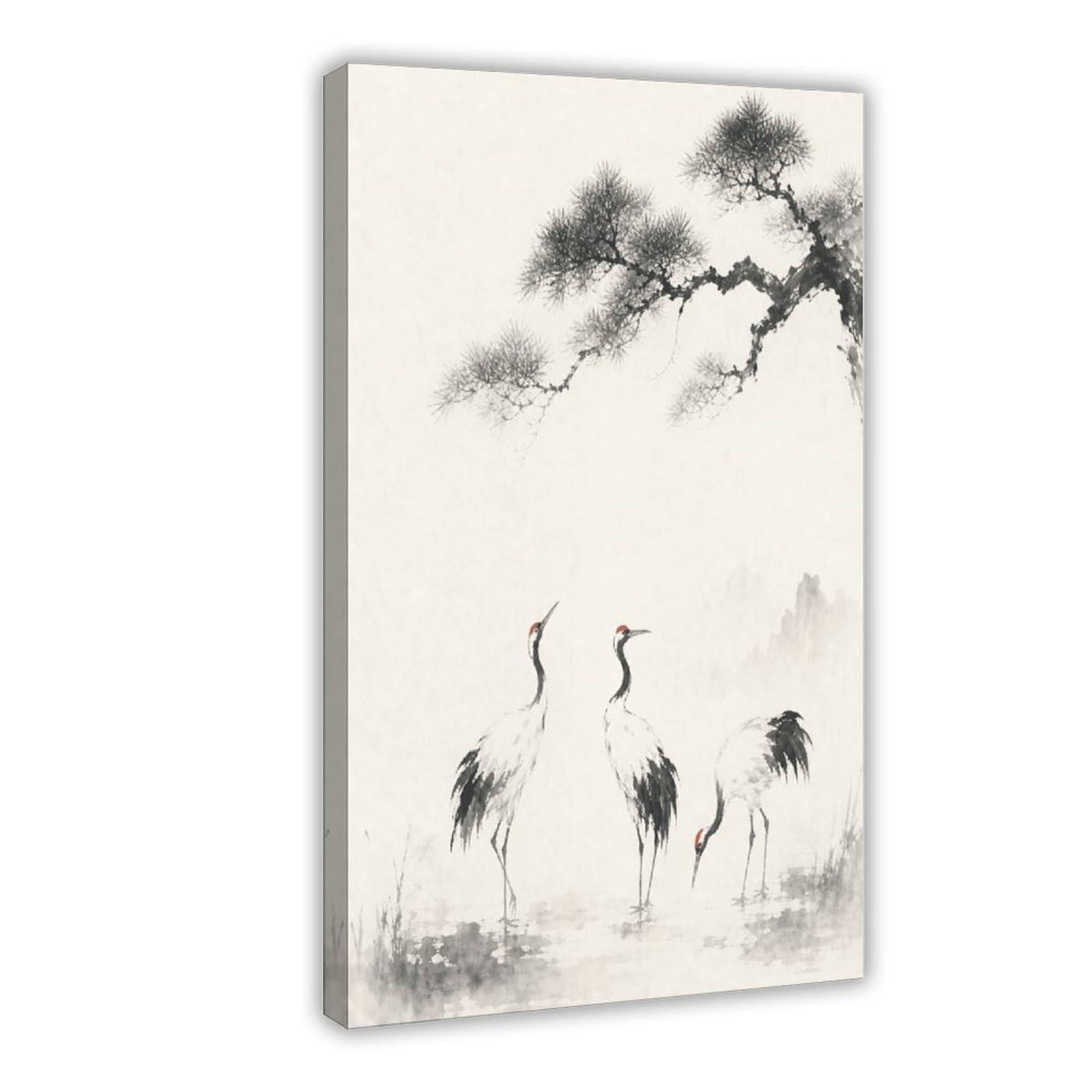 H3b8u2y5 Frame-Style-9 Cranes In Mist Canvas Wall Art, Gongbi Painting Dorm Room