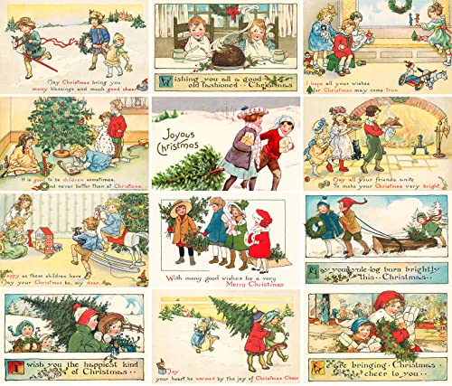 Image of PIXILUV CHRISTMAS TREES (Pack of 12) Notecards Small Greeting Cards # Happy Children and Christmas Trees ~ Vintage Christmas Postcards Reprint