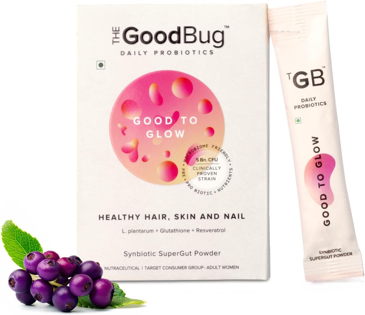 Good To Glow SuperGut Powder for Glowing Skin | Pre & Probiotic Supplement for Healthier Skin, Hair & Nails for Women | 5 Billion CFU of Clinically Proven Strains | 15 Days Pack