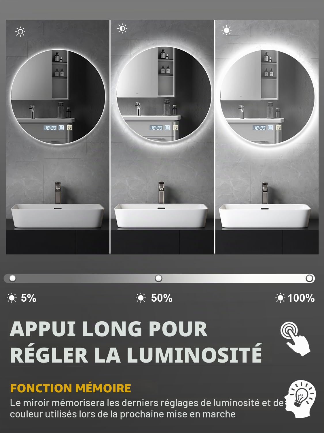 Miroir de salle de bain LED rond de 60 cm avec éclairage - Intensité variable et 3 températures de couleur (blanc chaud/blanc froid/lumière du jour) - Interrupteur tactile - LED économe en