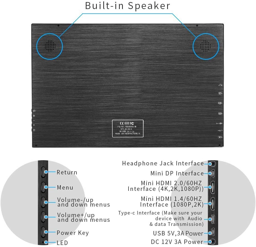 Kenowa 4K Monitor portatile ultra sottile da 15,6 pollici UHD 3840 x 2160 Display IPS con interfaccia mini HDMI, USB C, mini DP per Mac Laptop PC Windows 7 8 10 PS3 PS4 Xbox 360 one