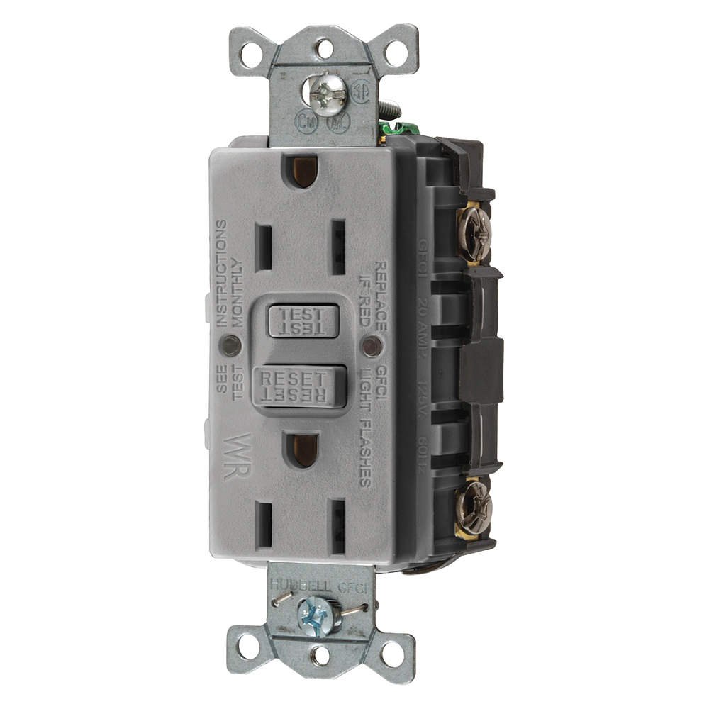 Hubbell - GFWRST15GY - GFCI Receptacle, 15A Amps, NEMA Configurationx3a; 5-15R, Outlet Typex3a; Decorator, Self-Testingx3a; Yes