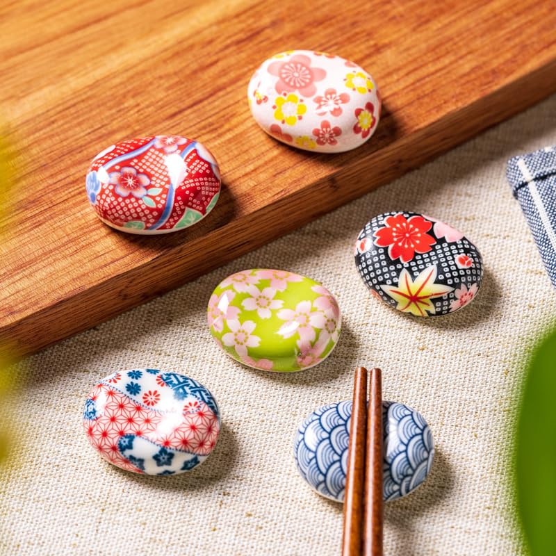 MIUFA Ceramic Floral Broad Bean Chopsticks Rest Rack Dinner Spoon Stand Knife Fork Holder (Set of 6PCS)