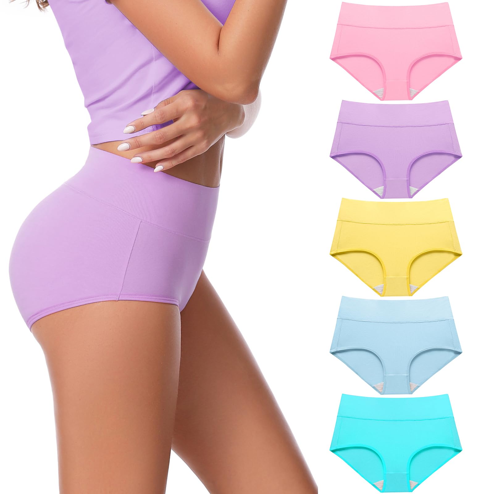 Womens Cotton Underwear High Waisted Briefs Full Coverage Soft Ladies Panties Multipack 5 Pack