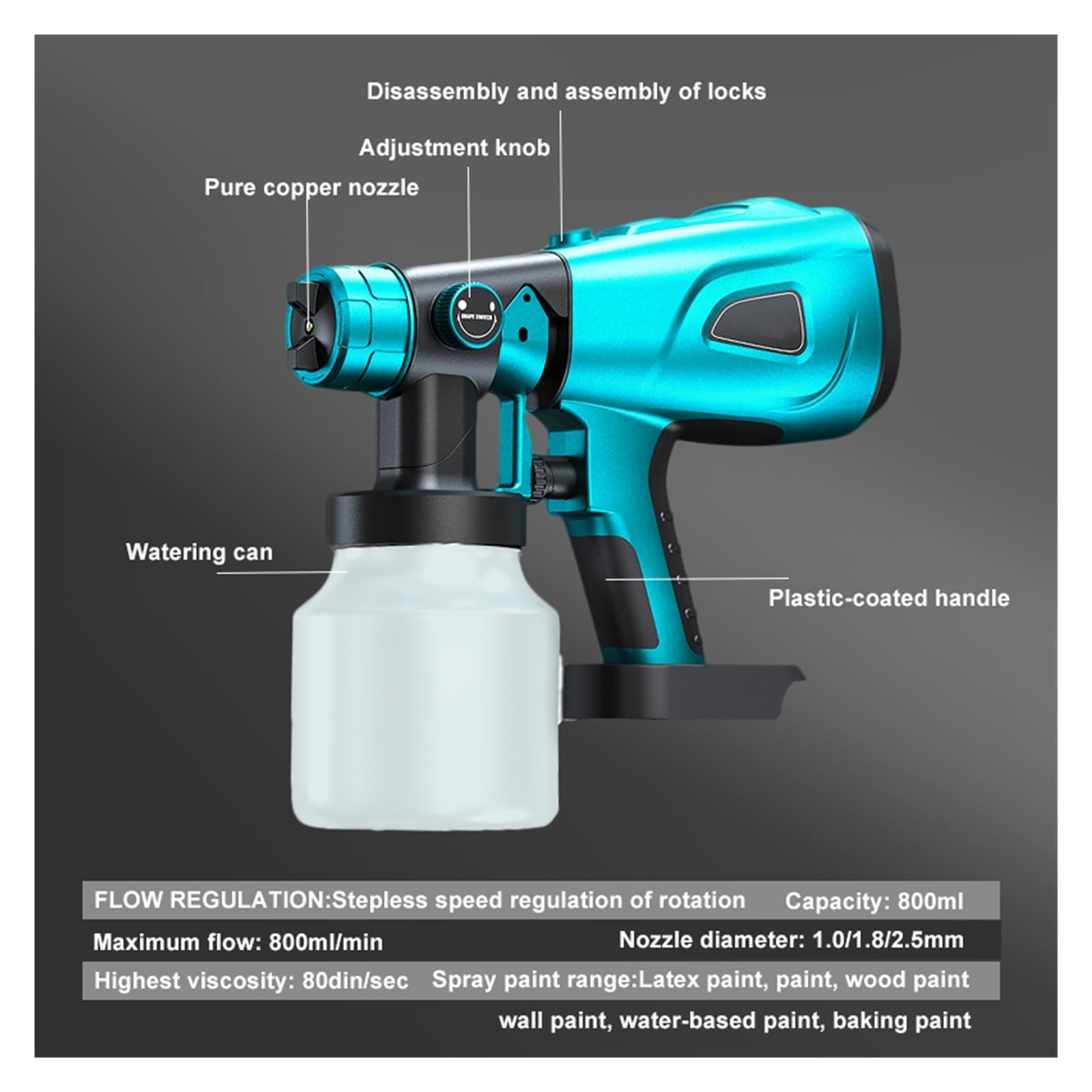 18V 800ML Bezprzewodowy Pistolet Do Malowania Natryskowego Elektryczny Pistolet Natryskowy Kontrola Przepływu Meble Samochodowe Powłoka Stalowa Aerograf Do Akumulatora