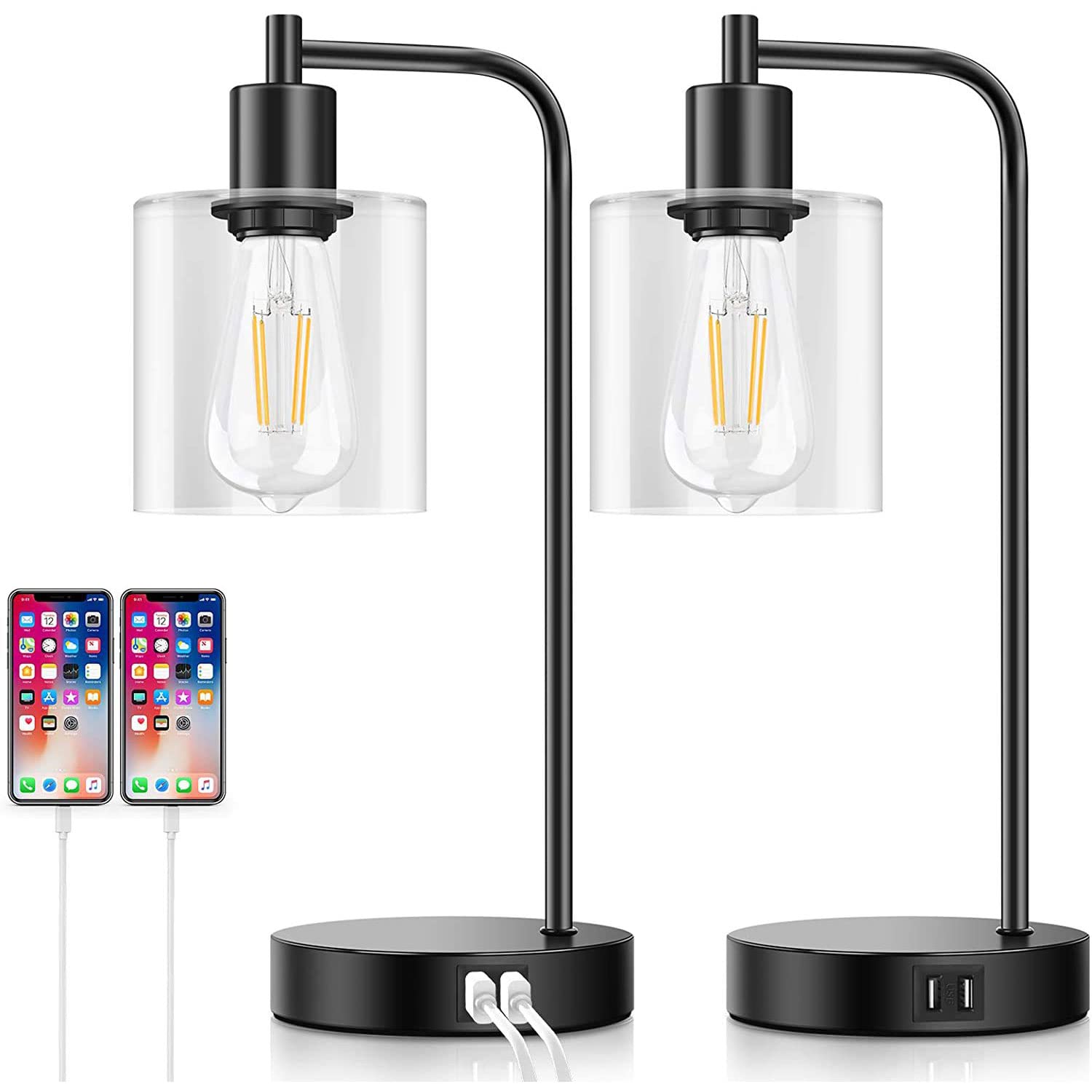 Table Lampada USB con Telefono Cellulare Ricarica Lampada da scrivania con sfumatura in Vetro lampade da Tavolo da comtore