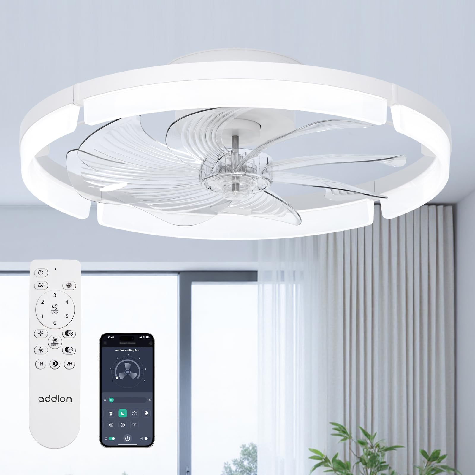 addlon 20" Low Profile Fandelier Ceiling Fans with Lights and Remote, White