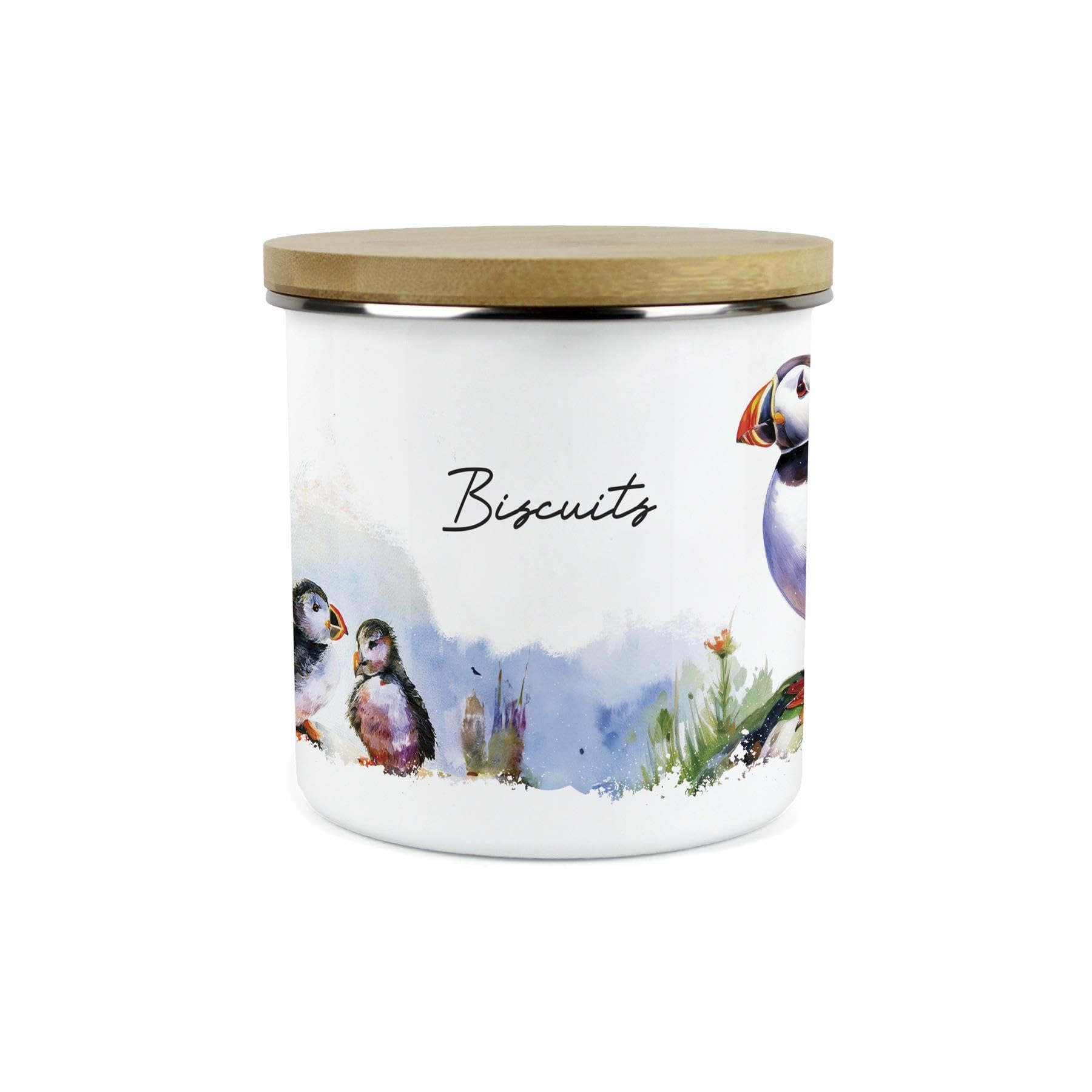 Purely Home Biscuits Puffins On The Rocks Small Storage Canister - Coastal Sea Birds Homewares Presents - 1.2L Enamel Food Storage Container