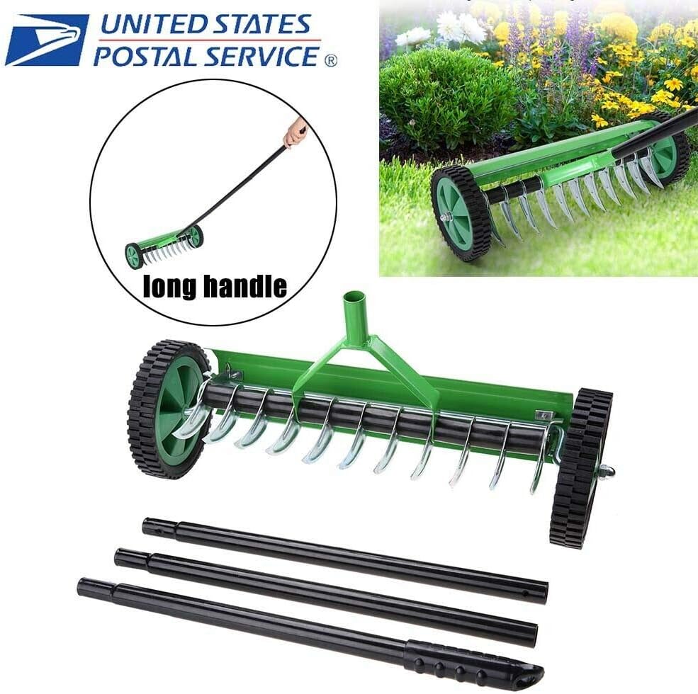 Garden Lawn Aerator Heavy Duty Rolling Roller Home Grass Steel Handle Green New