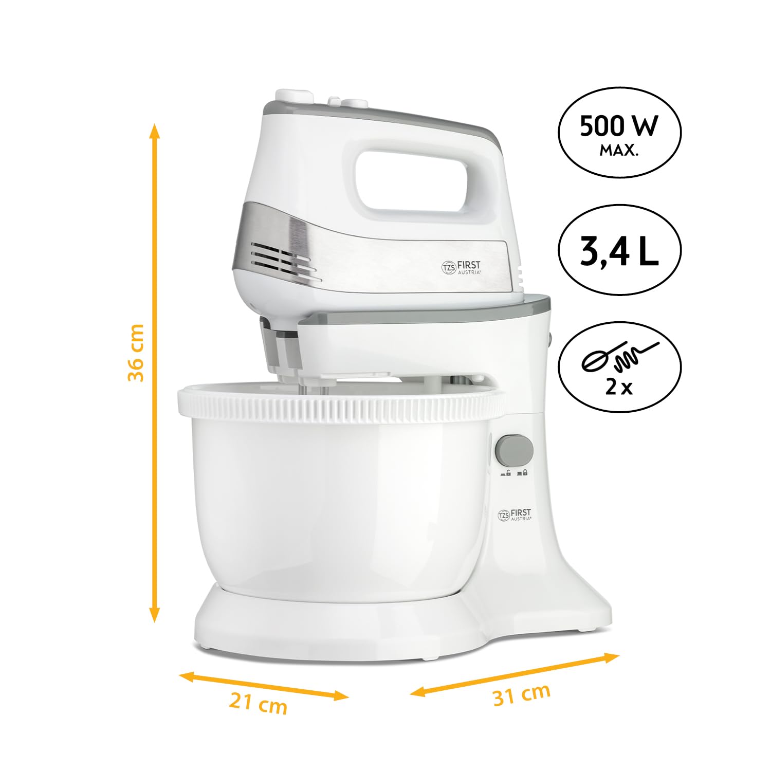 TZS First Austria 2 in 1 Handmixer und Standmixer | 3,4L | Automatikantrieb | 500W | 5 Geschwindigkeiten | Turbofunktion | mit Knethaken + Rührbesen