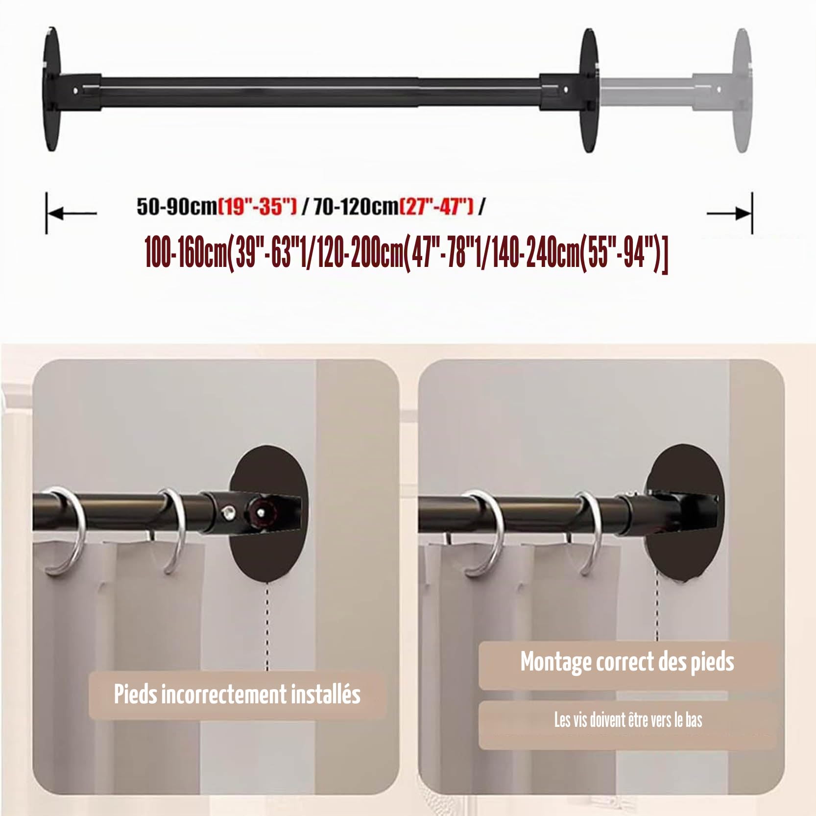 Tringle à Rideaux, Tringle à Rideaux Antidérapante, Rallonge Ronde pour Mur Incliné, Support Pivotant à 180° pour Vêtements Suspendus, pour Armoire, Salle de Bain(Size:130-240cm,Color:b)