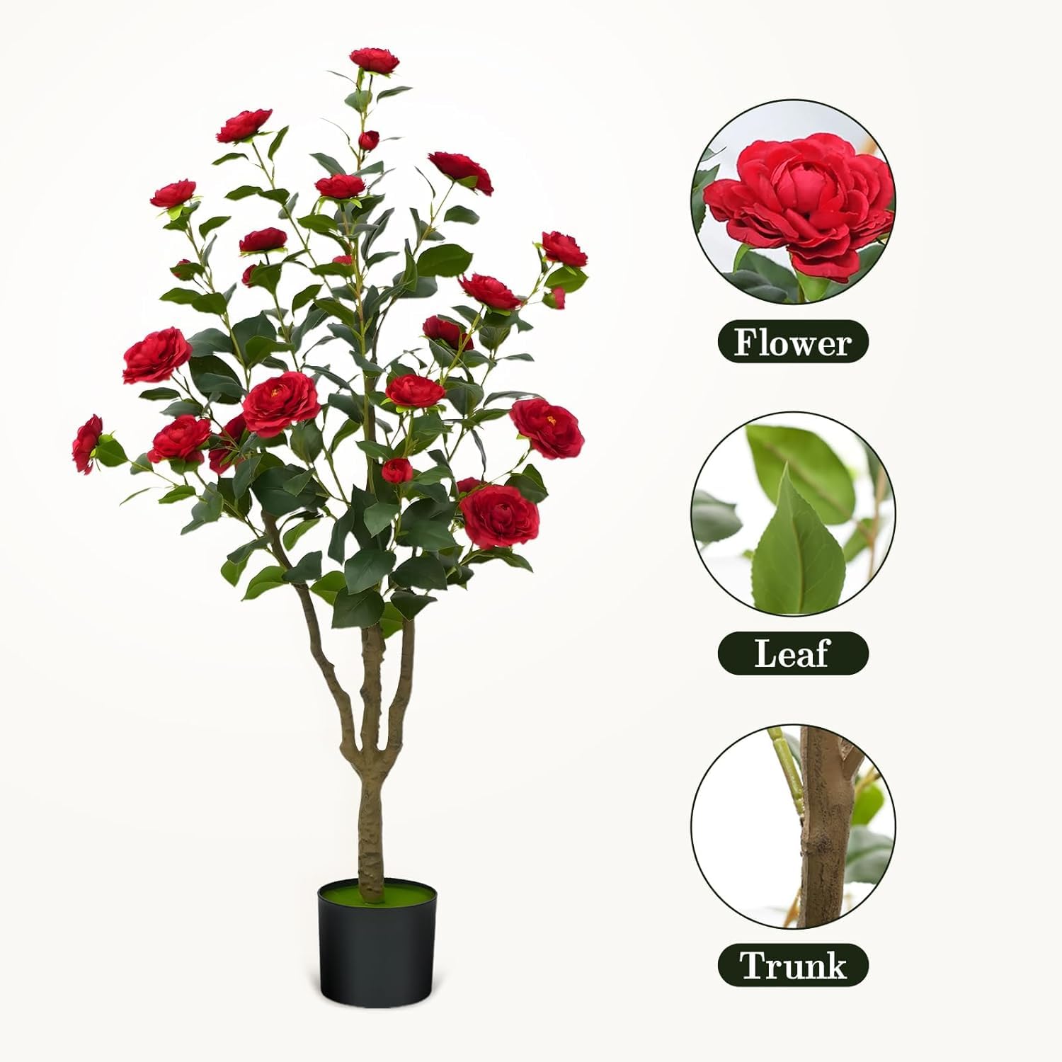 2 pzs Camelia Artificial 120 cm, con 24 Flores Rojas, Planta Camelia Artificial de Plástico, Planta en Maceta para Oficina Moderna, Hogar, Salón, Decoración de Pisos, Fácil de Mantener