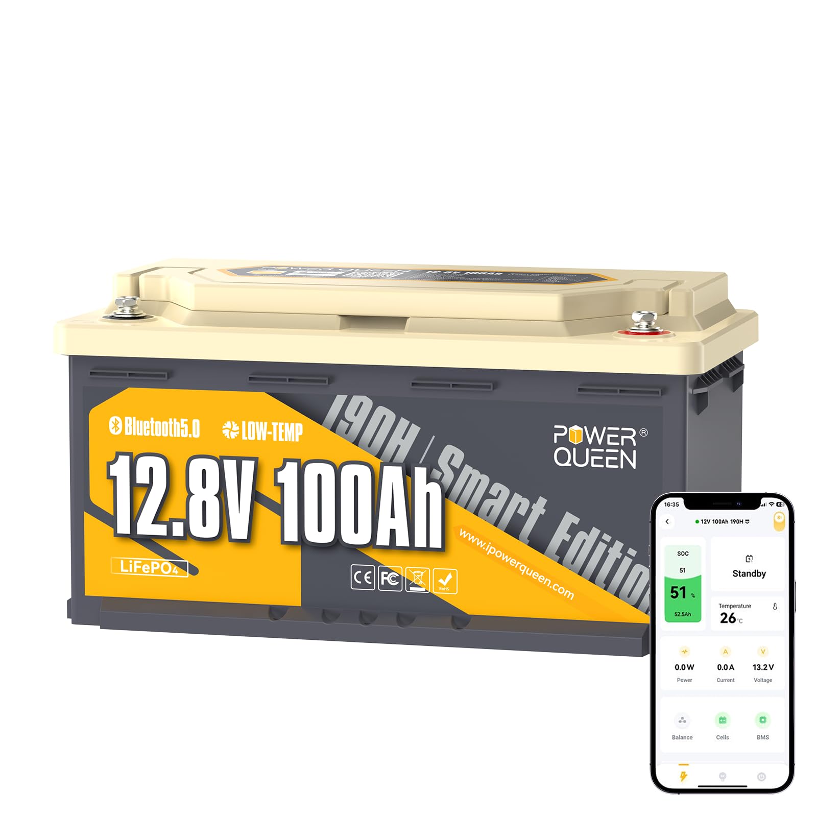 Power Queen Batteria al litio Bluetooth 12V 100Ah H190, 100A BMS con Bassa Temp Protezione, 4000+ Cicli Profondi, per Campeggio, Roulotte Viaggi, Vita a Barca, Sistema Solare - 1 Pezzo