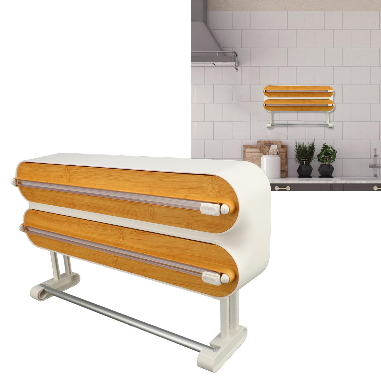 Organizador de Envolturas 3 en 1 con Cortador para Papel de Aluminio, Papel Encerado, Film Transparente, Cuchillas Deslizantes Ocultas, Imanes, Ideal para Almacenamiento en la Cocina