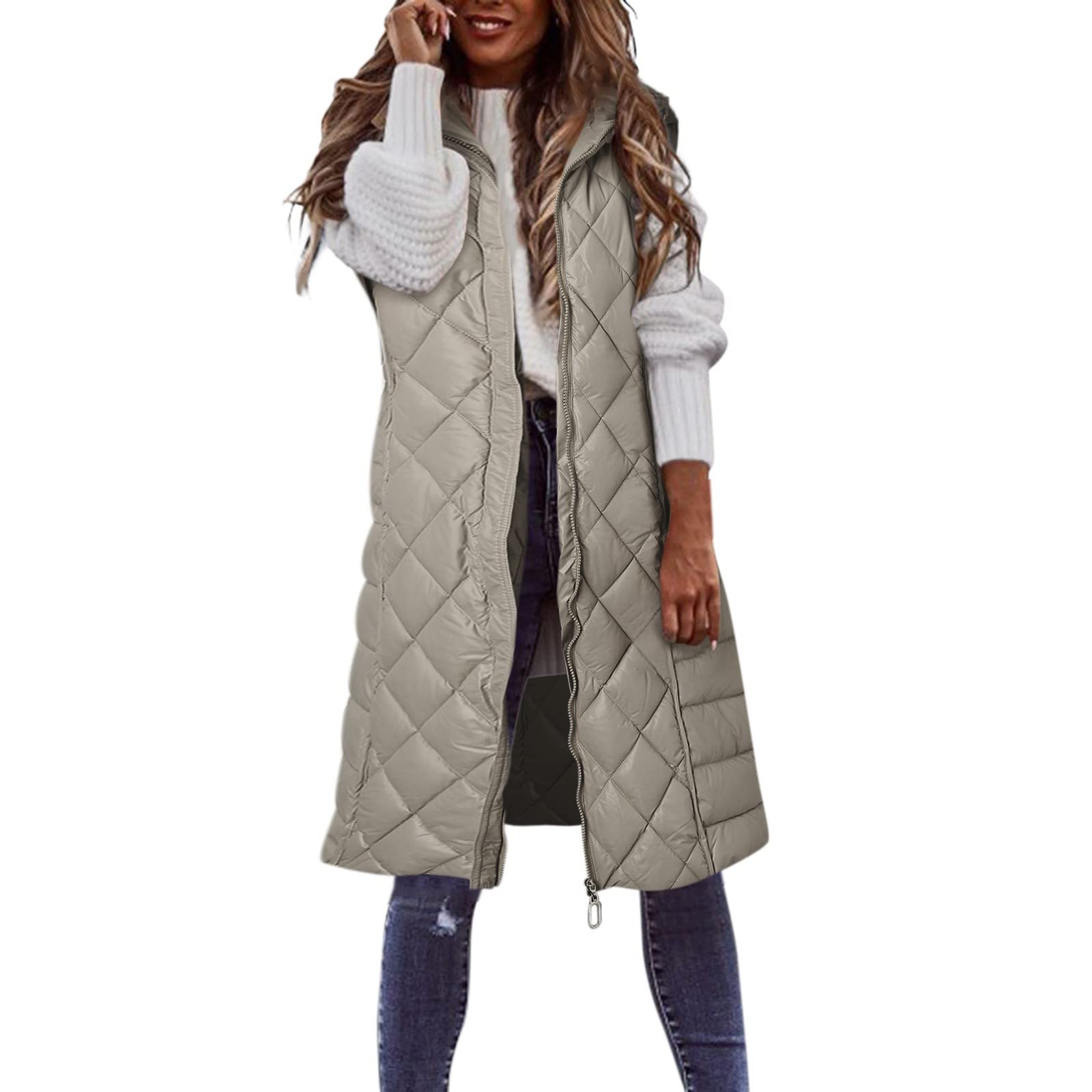 Doudoune sans Manches Femme avec Capuche, Veste Matelassée Femme Automne Hiver Chaud Veste Chauffante À Capuche Longue Zippée Hooded Automne Hiver Extérieure À Courtepointe Blouson Capuche Gilet