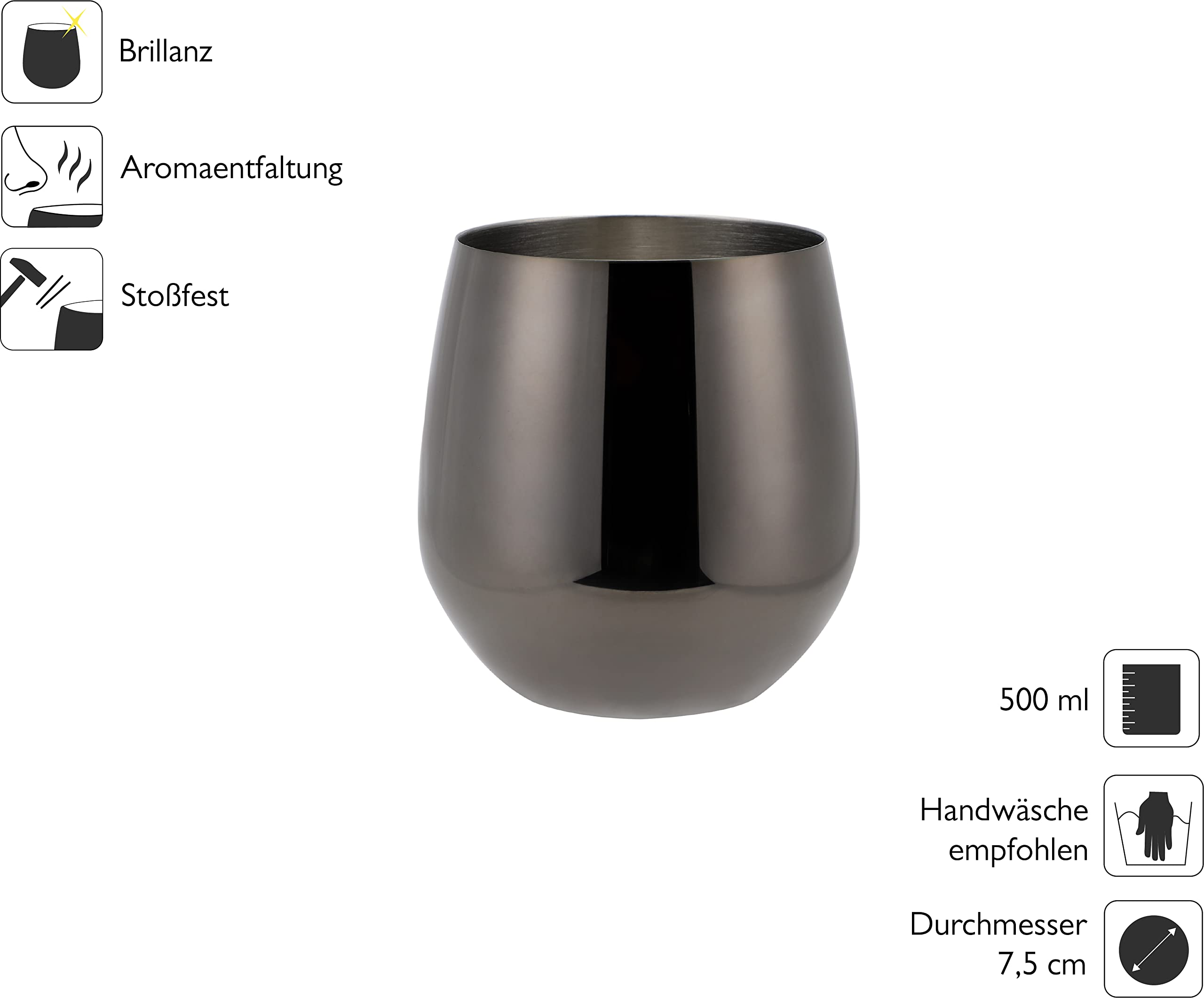 ECHTWERK Weingläser, 6-tlg Rotweingläser, Trinkbecher aus Edelstahl, Unzerbrechliche Trinkgläser, Bruchsichere Gläser, Black-Edition, 500 ml