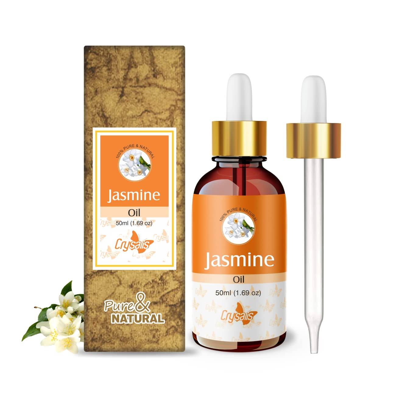 Crysalis Jasmine (Jasminun Officinale.) 100% Pure & Natural Undiluted Essential Oil Organic Standard Steam Distilled Oil For Moisturize & Nourish Skin, Room Freshner/ Diy Oil - 50ML With Dropper
