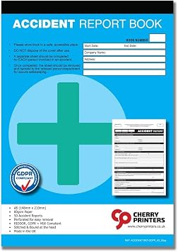 Cherry Printers GDPR Compliant Accident Report Book A5 | 50 Accident Forms | RIDDOR + HSE Compliant | Perforated for Easy Removal | 80gsm Paper | Stitched at Head | Made in UK |