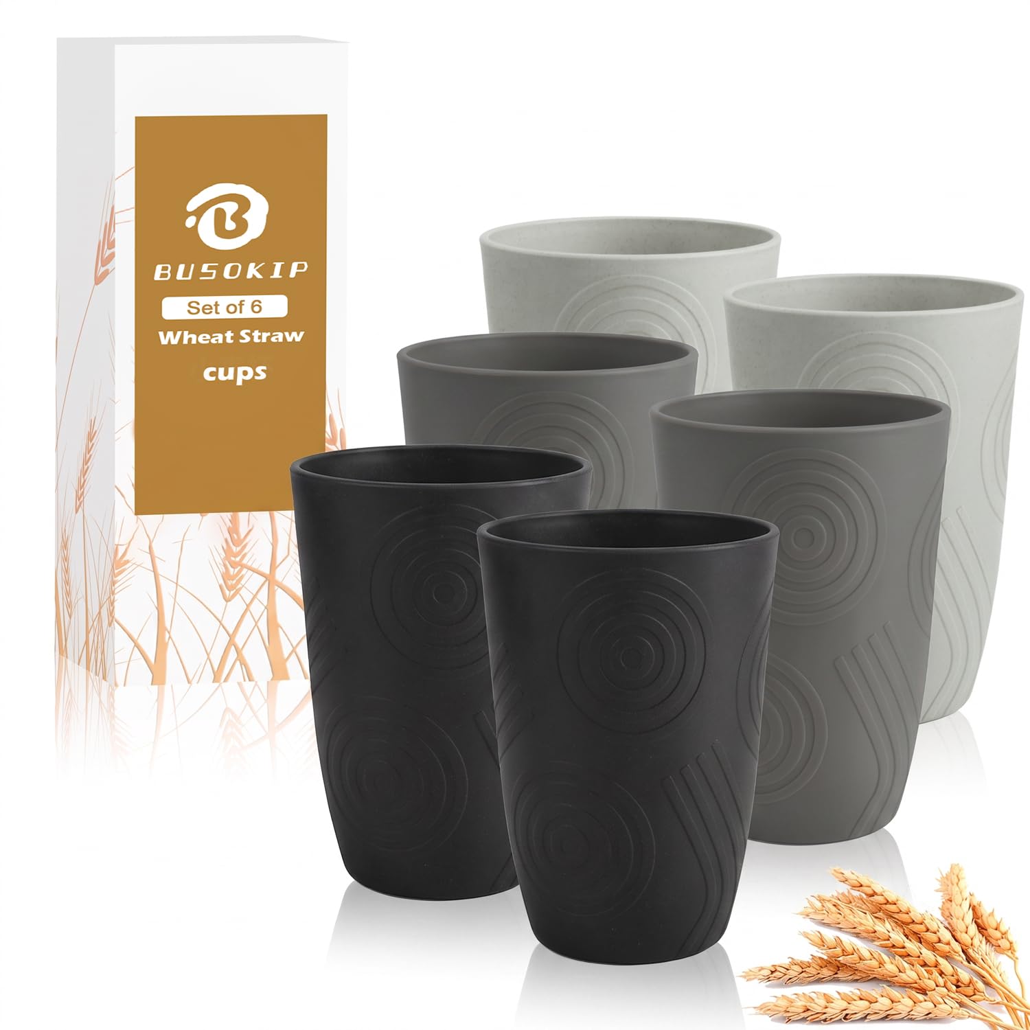 16oz Wheat Straw Cups Set of 6, Unbreakable Kitchen Cup (BlackGrey)